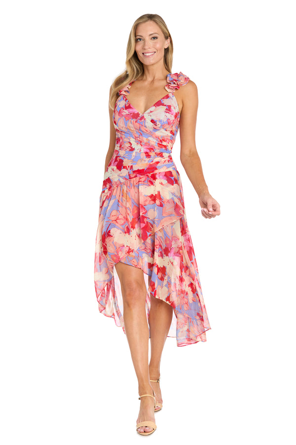 r&m richards High-Low Midi Dress in Coral Tones with Side Pleats and Ruffle Straps - Petite