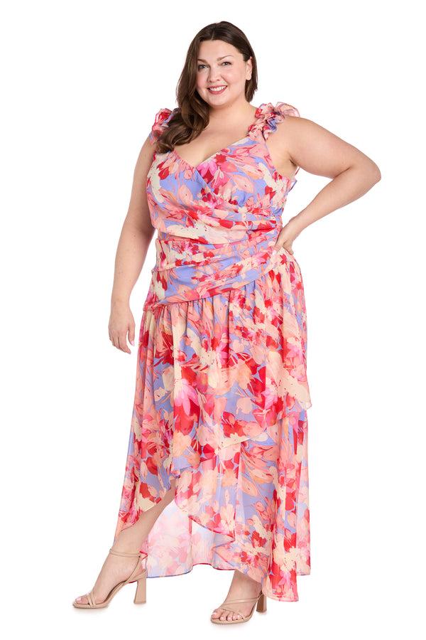 r&m richards High-Low Midi Dress in Coral Tones with Side Pleats and Ruffle Straps - Plus