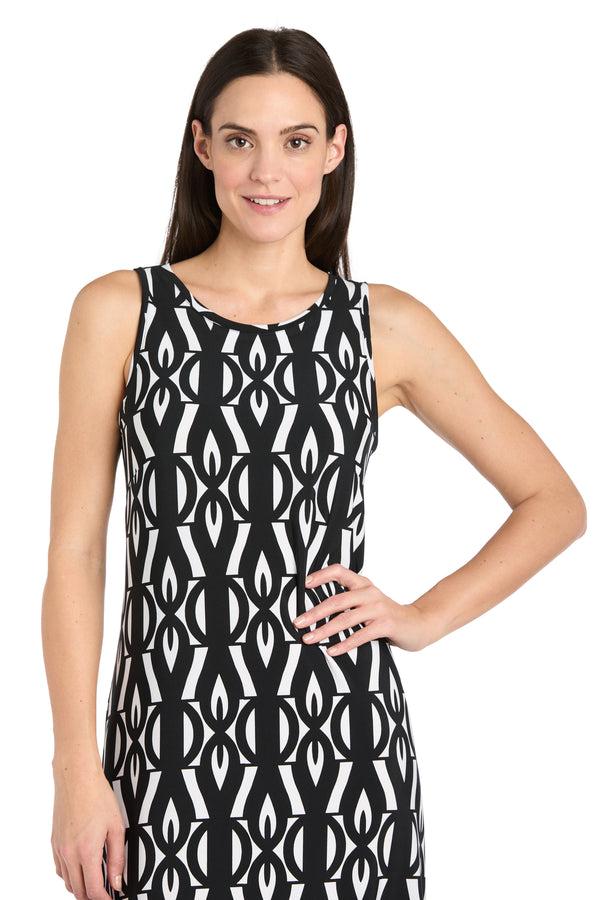 R&m Richards Intricate Pattern Sleeveless Knit Dress With Flipped Border Hem