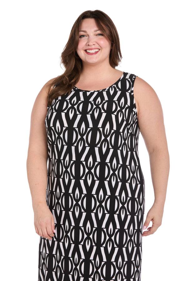 R&m Richards Intricate Pattern Sleeveless Knit Dress With Flipped Border Hem - Plus