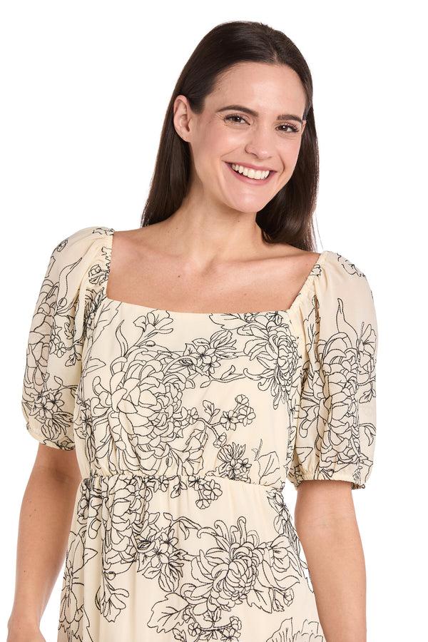 R&m Richards Ivory & Black Floral Linen Puff Sleeve Dress