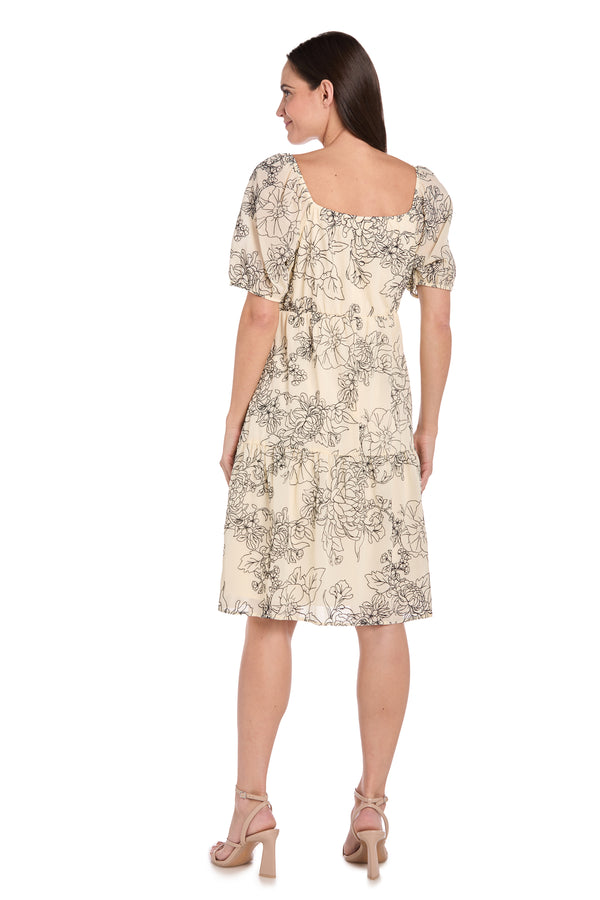 R&m Richards Ivory & Black Floral Linen Puff Sleeve Dress - Petite
