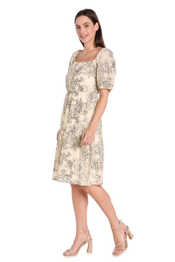 R&m Richards Ivory & Black Floral Linen Puff Sleeve Dress - Petite