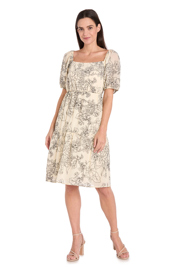 r&m richards Ivory & Black Floral Linen Puff Sleeve Dress - Petite