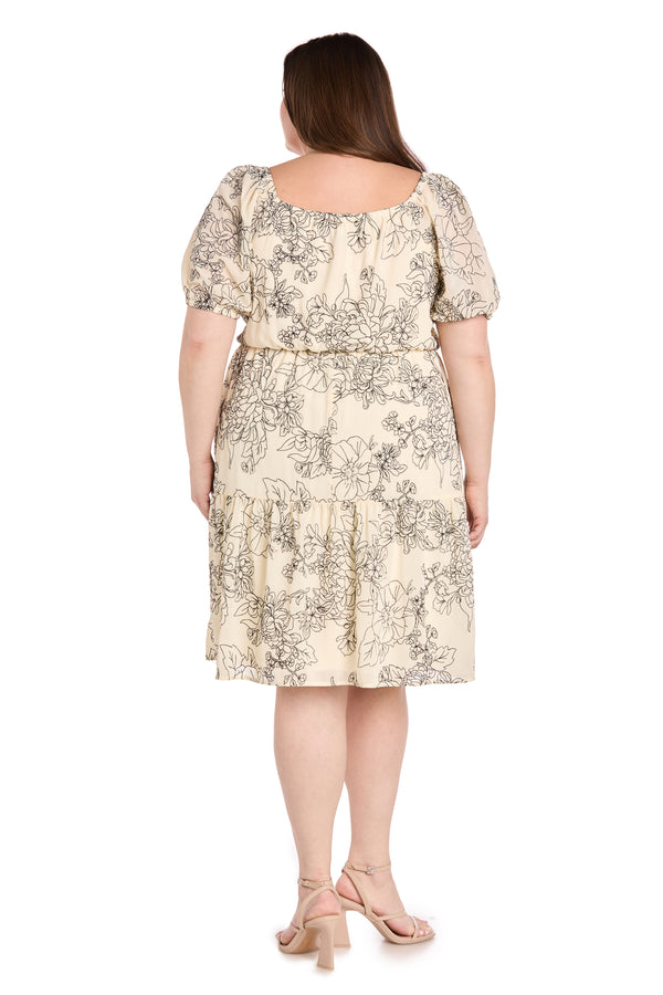 R&m Richards Ivory & Black Floral Linen Puff Sleeve Dress - Plus