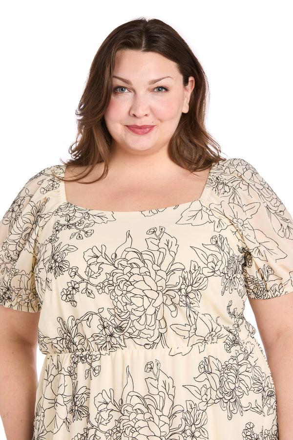 R&m Richards Ivory & Black Floral Linen Puff Sleeve Dress - Plus