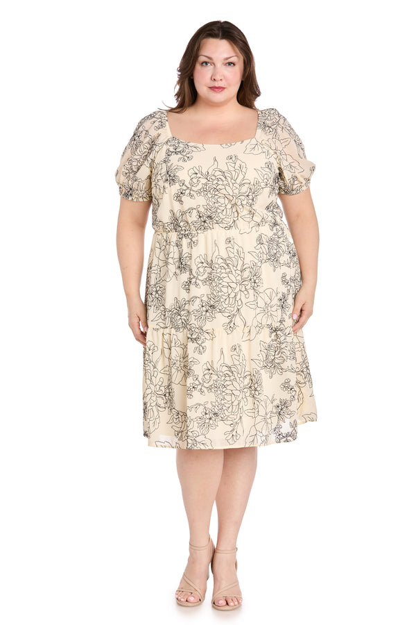 r&m richards Ivory & Black Floral Linen Puff Sleeve Dress - Plus