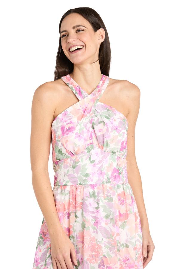 R&m Richards Ivory Blossom Cross Neckline Halter Dress With Panel Waistband - Petite