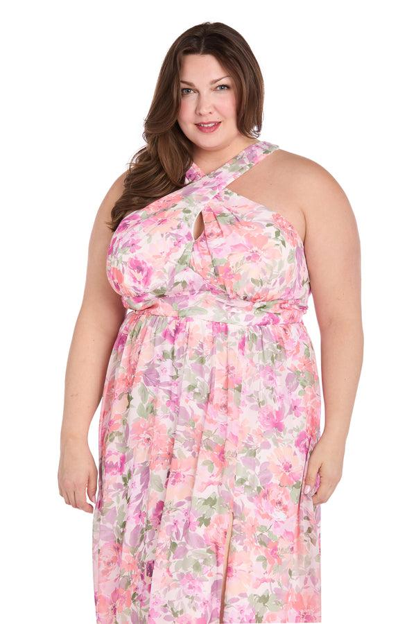 R&m Richards Ivory Blossom Cross Neckline Halter Dress With Panel Waistband - Plus