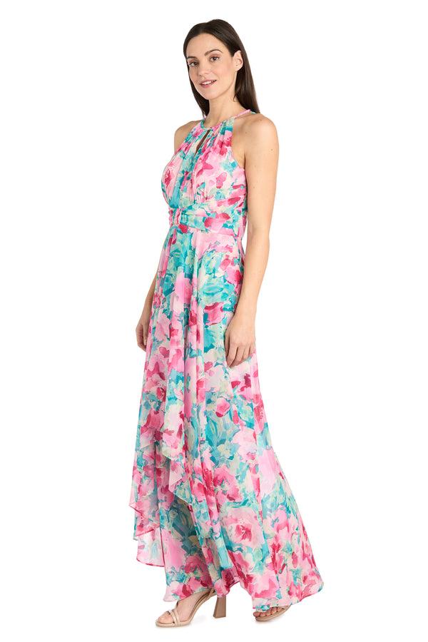 R&m Richards Keyhole Halter Neck Layered Chiffon Maxi Dress