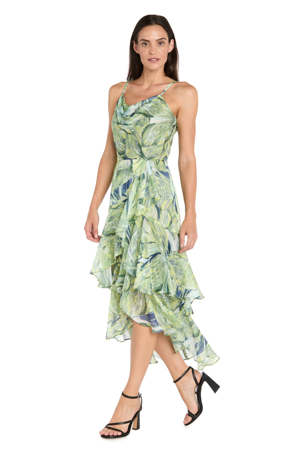 R&m Richards Leaf Print High-Low Chiffon Midi Dress