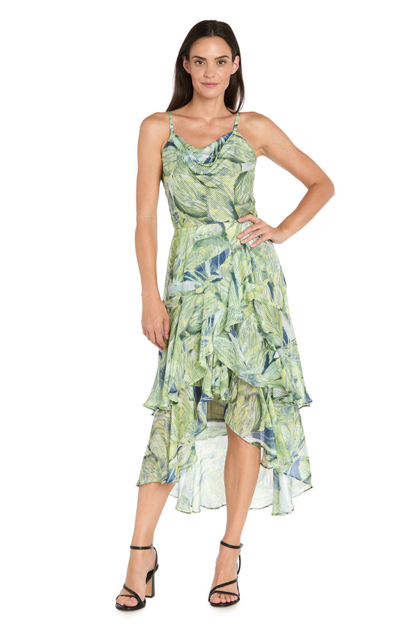 r&m richards Leaf Print High-Low Chiffon Midi Dress