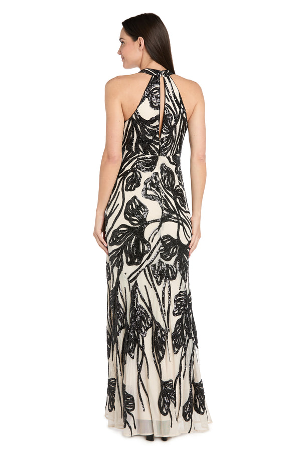 R&m Richards Long Beaded Halter Dress With Contrast Beaded Motif & Godet Skirt