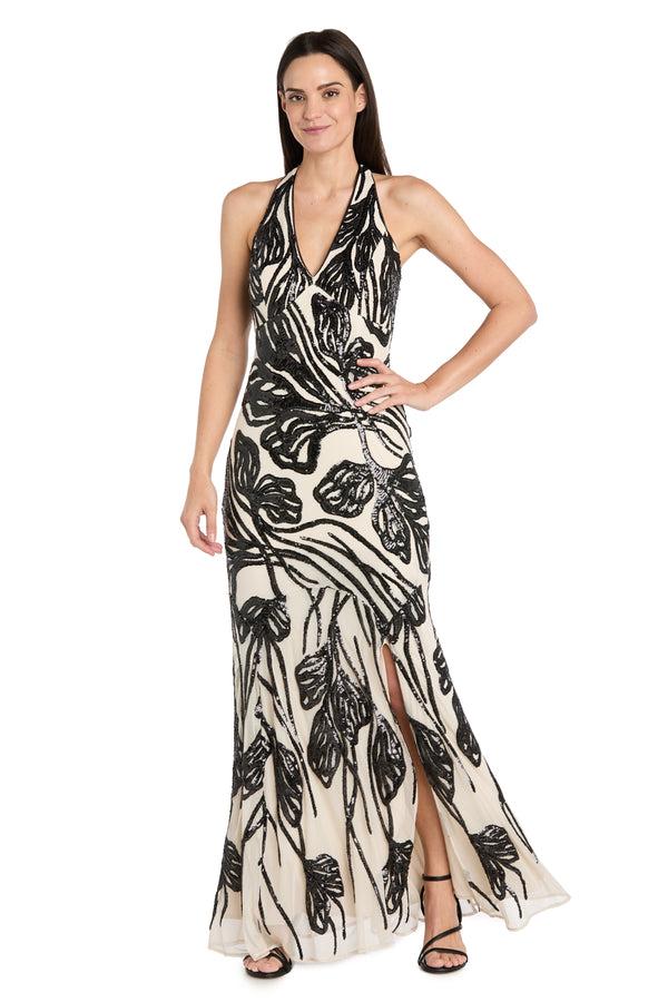 R&m Richards Long Beaded Halter Dress With Contrast Beaded Motif & Godet Skirt