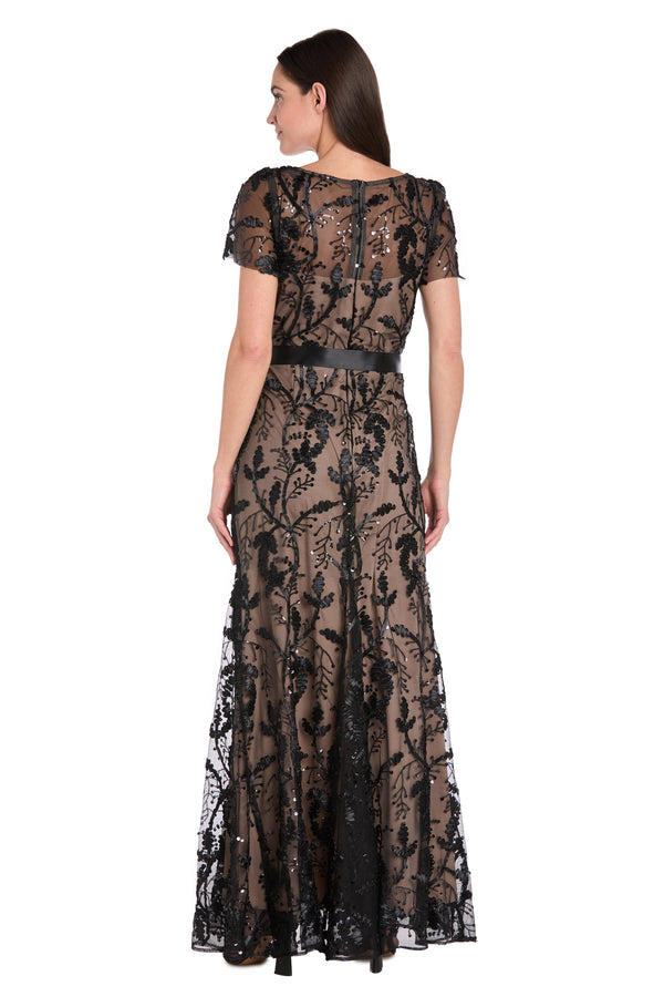 R&m Richards Long Black & Nude Sheer Floral Embroidered Dress With Satin Sash