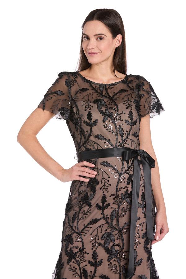 R&m Richards Long Black & Nude Sheer Floral Embroidered Dress With Satin Sash