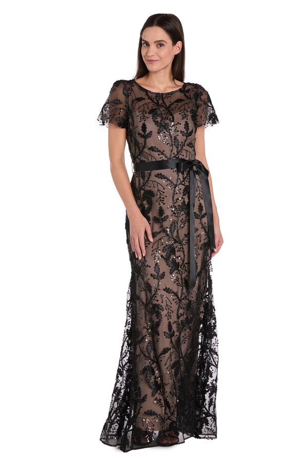 R&m Richards Long Black & Nude Sheer Floral Embroidered Dress With Satin Sash