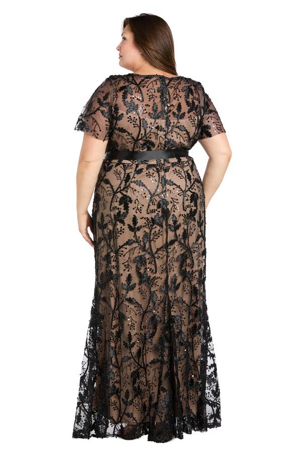 R&m Richards Long Black & Nude Sheer Floral Embroidered Dress With Satin Sash - Plus