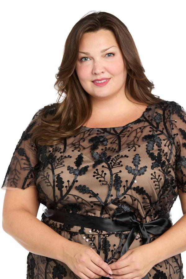 R&m Richards Long Black & Nude Sheer Floral Embroidered Dress With Satin Sash - Plus