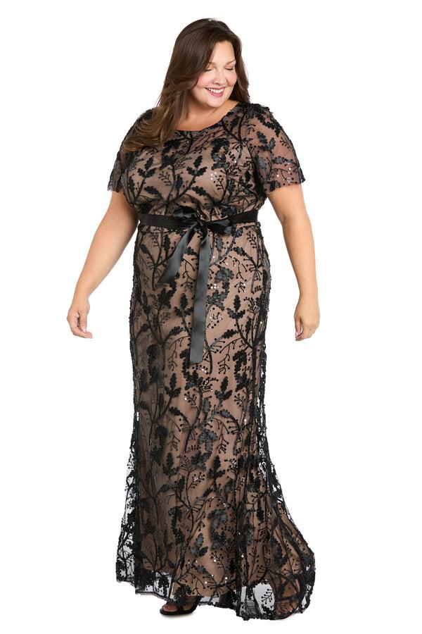 R&m Richards Long Black & Nude Sheer Floral Embroidered Dress With Satin Sash - Plus
