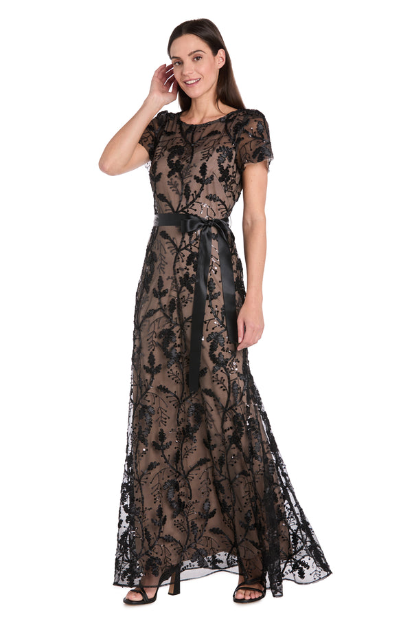 r&m richards Long Black & Nude Sheer Floral Embroidered Dress with Satin Sash
