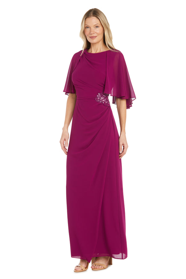r&m richards Long Chiffon Caplet Dress with a Rhinestone Waist Detail