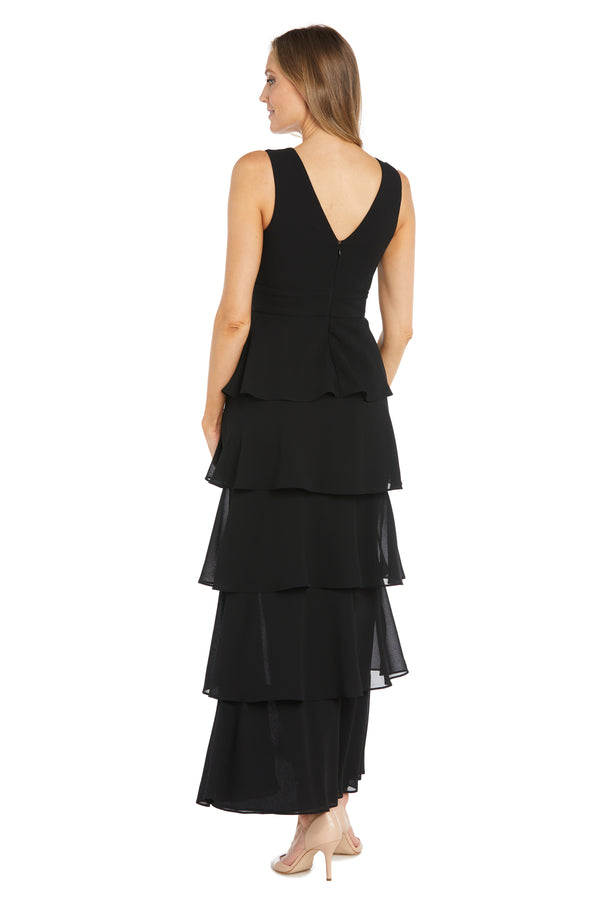 R&m Richards Long Chiffon Dress Featuring A Five Layered Skirt & V-Neck Insert
