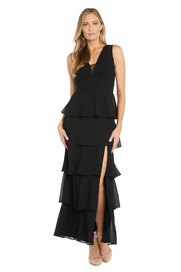 r&m richards Long Chiffon Dress Featuring a Five Layered Skirt & V-Neck Insert