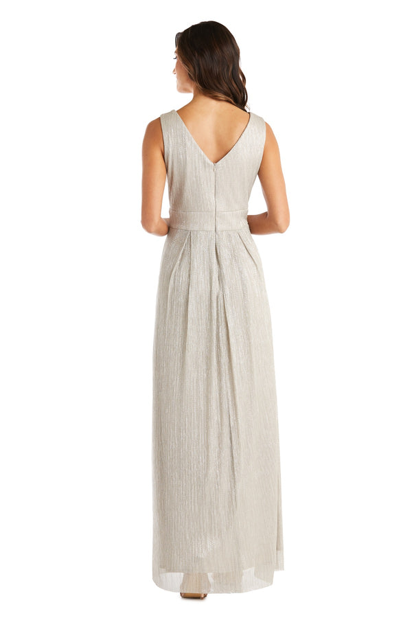 R&m Richards Long Crinkle Pleated Sleeveless Dress With Rhinestone Trio Waistband