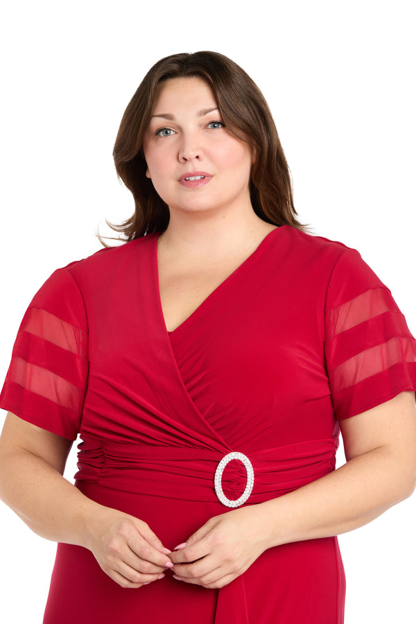 R&m Richards Long Dress With Ruffle Slit And Illusion Sleeves