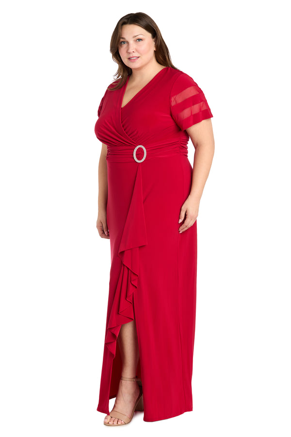 R&m Richards Long Dress With Ruffle Slit And Illusion Sleeves