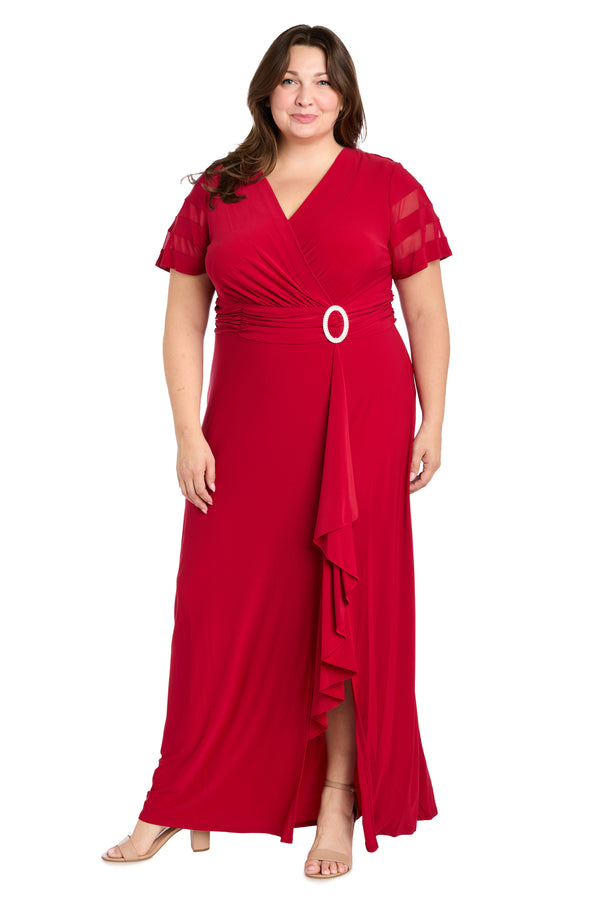r&m richards Long Dress with Ruffle Slit and Illusion Sleeves