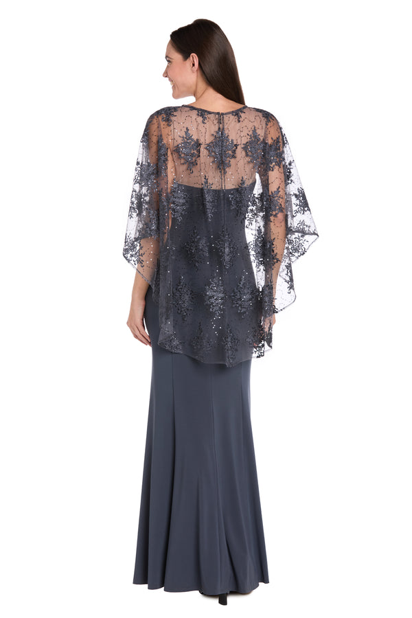 R&m Richards Long Dress With Sheer Illusion Embellished Capelet