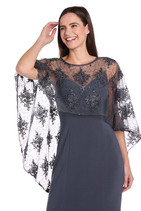 R&m Richards Long Dress With Sheer Illusion Embellished Capelet