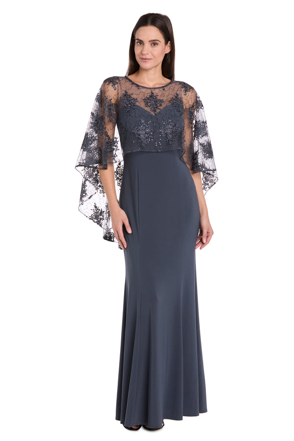 R&m Richards Long Dress With Sheer Illusion Embellished Capelet
