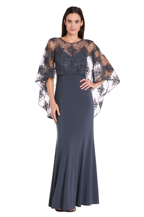 r&m richards Long Dress with Sheer Illusion Embellished Capelet