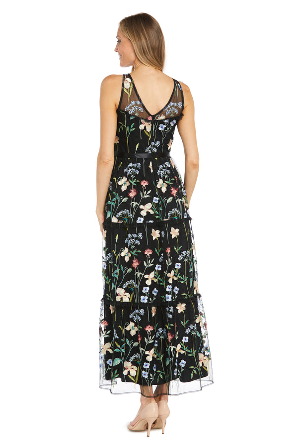 R&m Richards Long Floral Dress With Illusion Neckline
