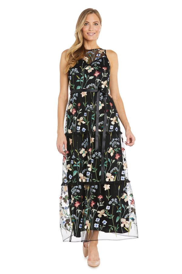 r&m richards Long Floral Dress with Illusion Neckline