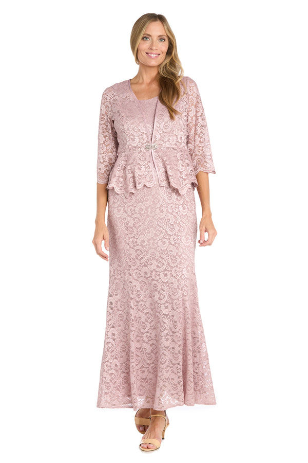 r&m richards Long Glitter Lace Dress Matched with an Overlay Jacket and Rhinestone Buckle - Petite