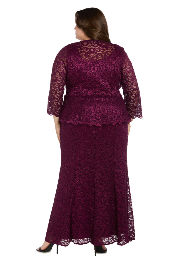 R&m Richards Long Glitter Lace Dress Matched With An Overlay Jacket And Rhinestone Buckle - Plus