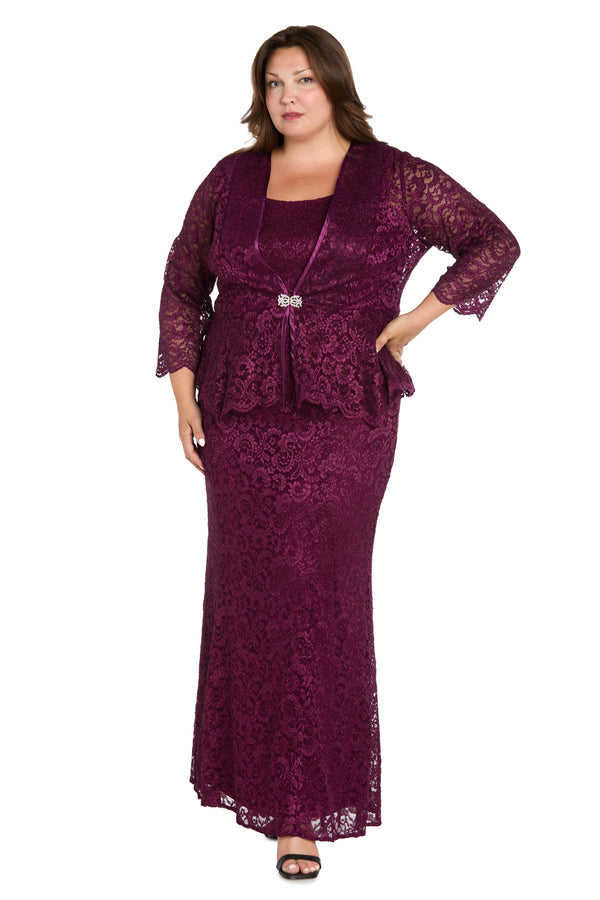 r&m richards Long Glitter Lace Dress Matched with an Overlay Jacket and Rhinestone Buckle - Plus