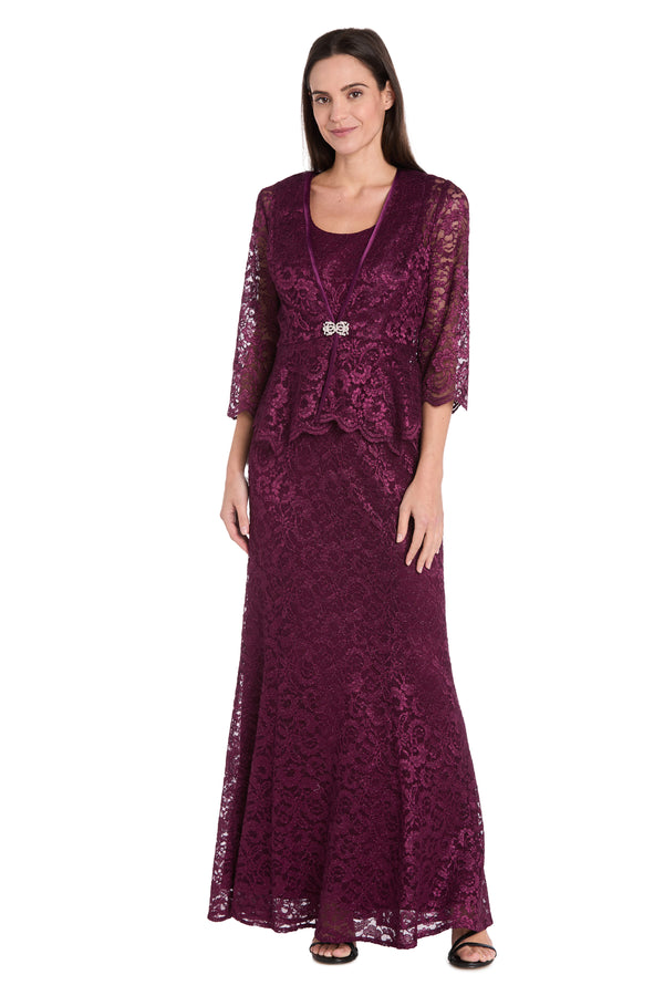 r&m richards Long Glitter Lace Dress Matched with an Overlay Jacket and Rhinestone Buckle