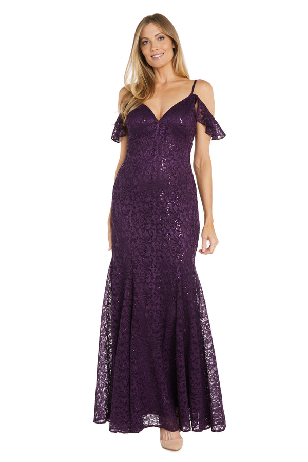 R&m Richards Long Glitter Lace Off The Shoulder Gown