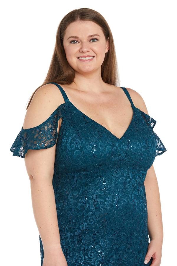 R&m Richards Long Glitter Lace Off The Shoulder Gown - Plus