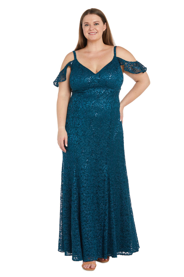 R&m Richards Long Glitter Lace Off The Shoulder Gown - Plus