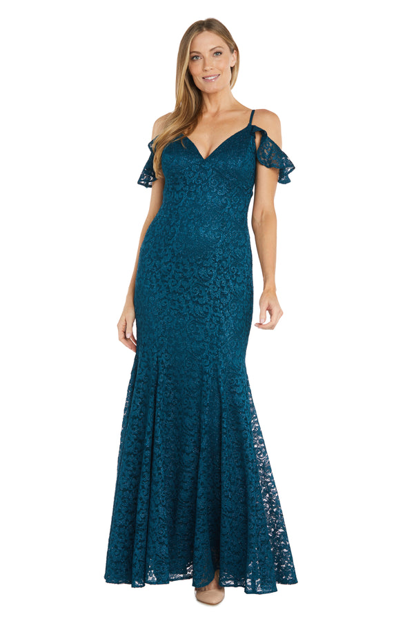 r&m richards Long Glitter Lace Off The Shoulder Gown