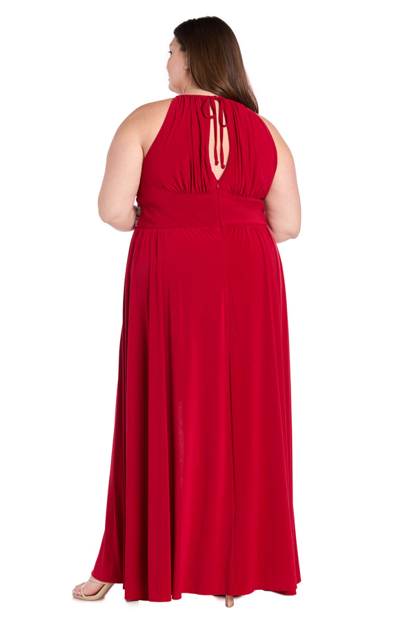 R&m Richards Long Halter Dress With Rhinestone Waistline - Plus