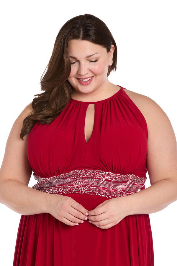 R&m Richards Long Halter Dress With Rhinestone Waistline - Plus