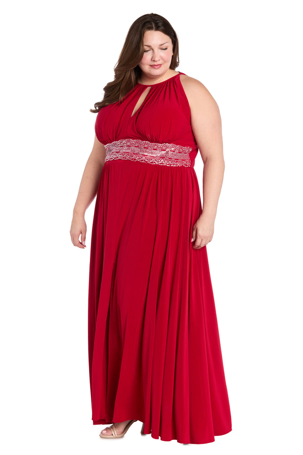R&m Richards Long Halter Dress With Rhinestone Waistline - Plus