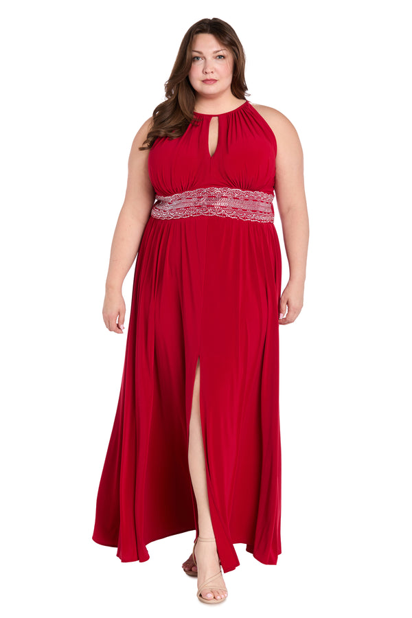 r&m richards Long Halter Dress With Rhinestone Waistline - Plus